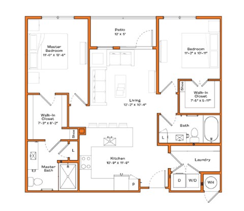 Floor plan for 2 beds, 2 baths, 1082 sqft